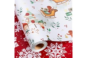 MAYPLUSS Christmas Wrapping Paper Roll - 17IN X 33FT - Santa Claus Gift Wrapping Paper Featuring Sleigh Christmas Tree Gnome Reindeer Holly Gingerbread Reversible Snowflake for Kids, Holiday, New Year