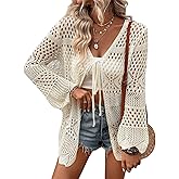 Verdusa Women's Tie Front Long Sleeve Hollow Out Sheer Kimono Cardigan Cover Up