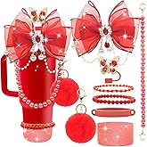 LBU Bling Stanley Cup Accessories for 40&30&20 Oz Tumbler With Diamond Bow Straw Topper, Stanley Bracelets Charms, Butterfly Straw Cover Cap, Pearl Handle Strap, Silicone Boot, Pom-Pom(Red)