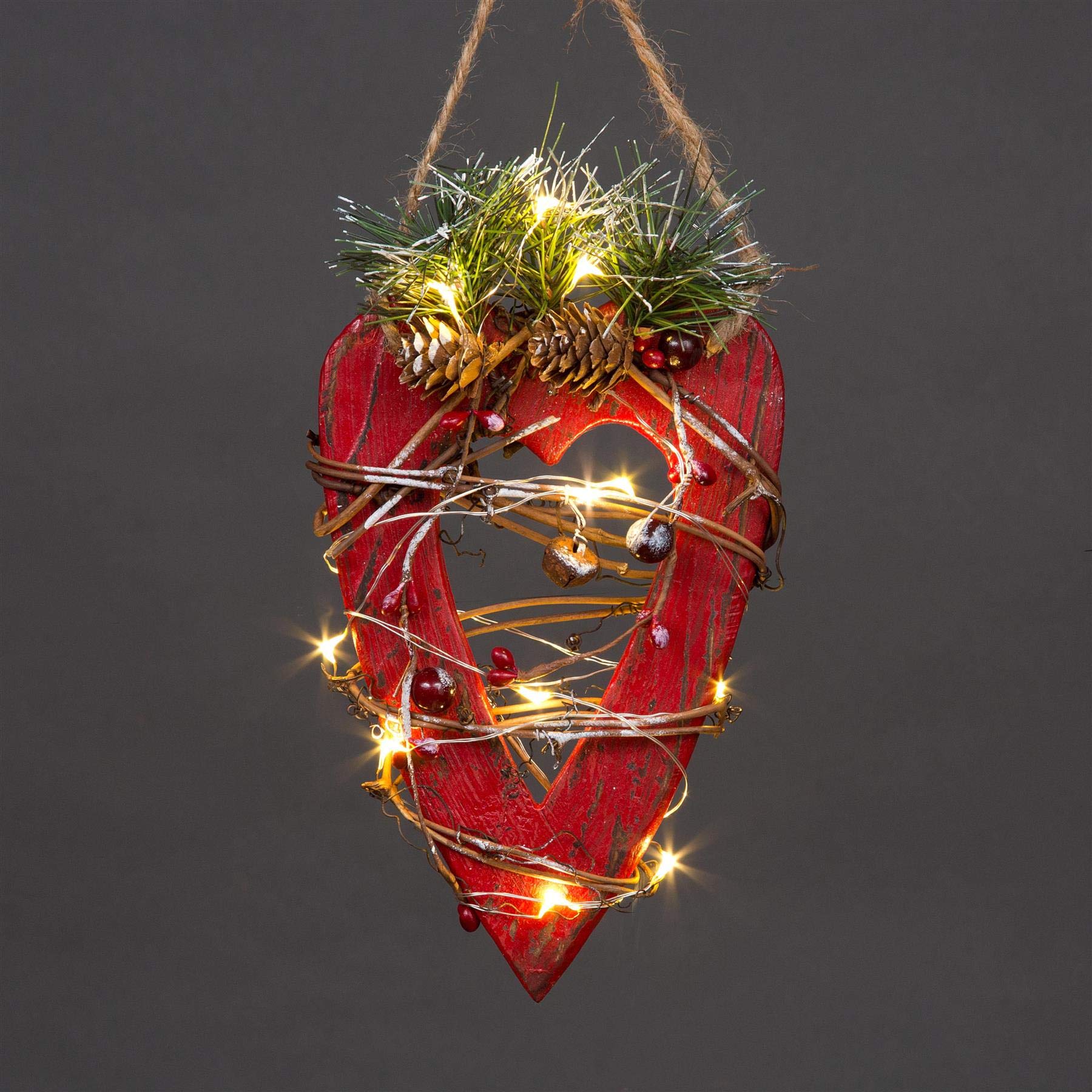 19cm Red Wooden LED Heart Hanging Ornament Christmas Holiday Home décor with 15 Warm white LEDs, 12 x 19h cm