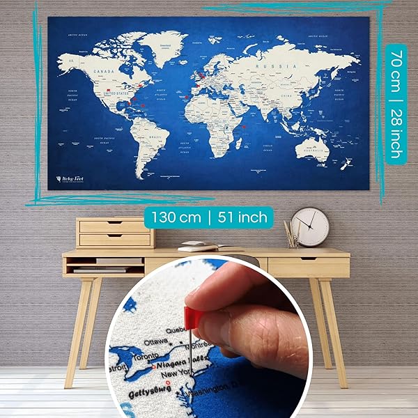 WORLD MAP XXL 51 X 28 INCHES IN ‘ERROR BLUE’, FLEECE WALL HANGING AS TRAVEL PIN BOARD IN MODERN WALL ART DESIGN, 20 FLAG PUSH PINS INCLUDED