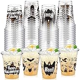 FoldTier 50 Pcs Halloween Cups 12 oz Plastic Cups for Halloween Clear Ghost Bat Glasses for Cold Beer Beverage Ice Cream Snacks Theme Party Supplies Decoration