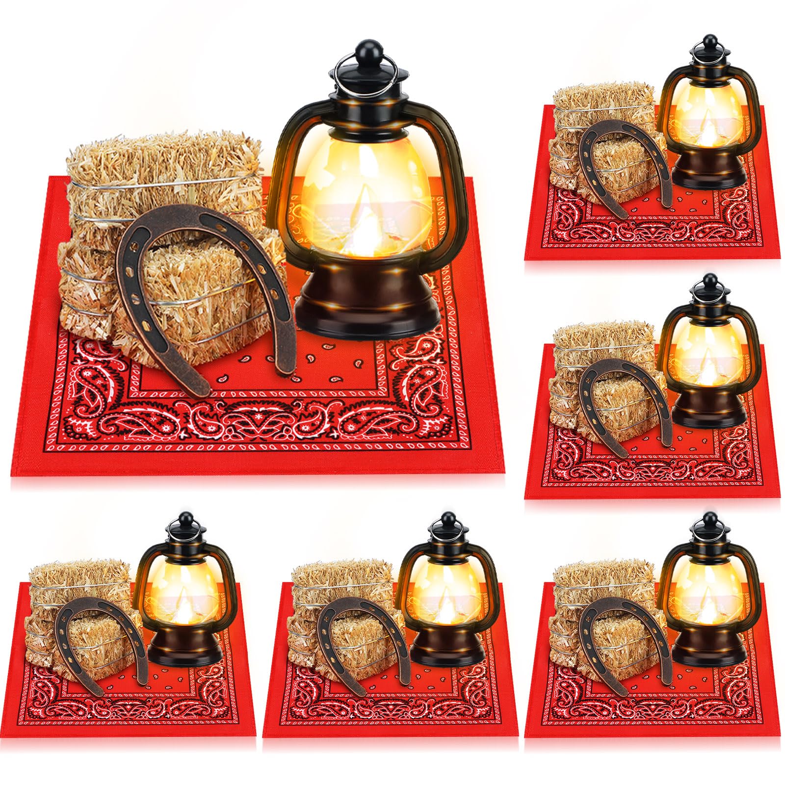 Photo 1 of Shihanee 36 Pcs Western Cowboy Rodeo Table Centerpieces Mini Cowboy Party Decoration with Horseshoe Lantern Hay Bale Bandanna Cowgirl Party Decoration for Western Birthday Wedding Favor Supplies(Red)