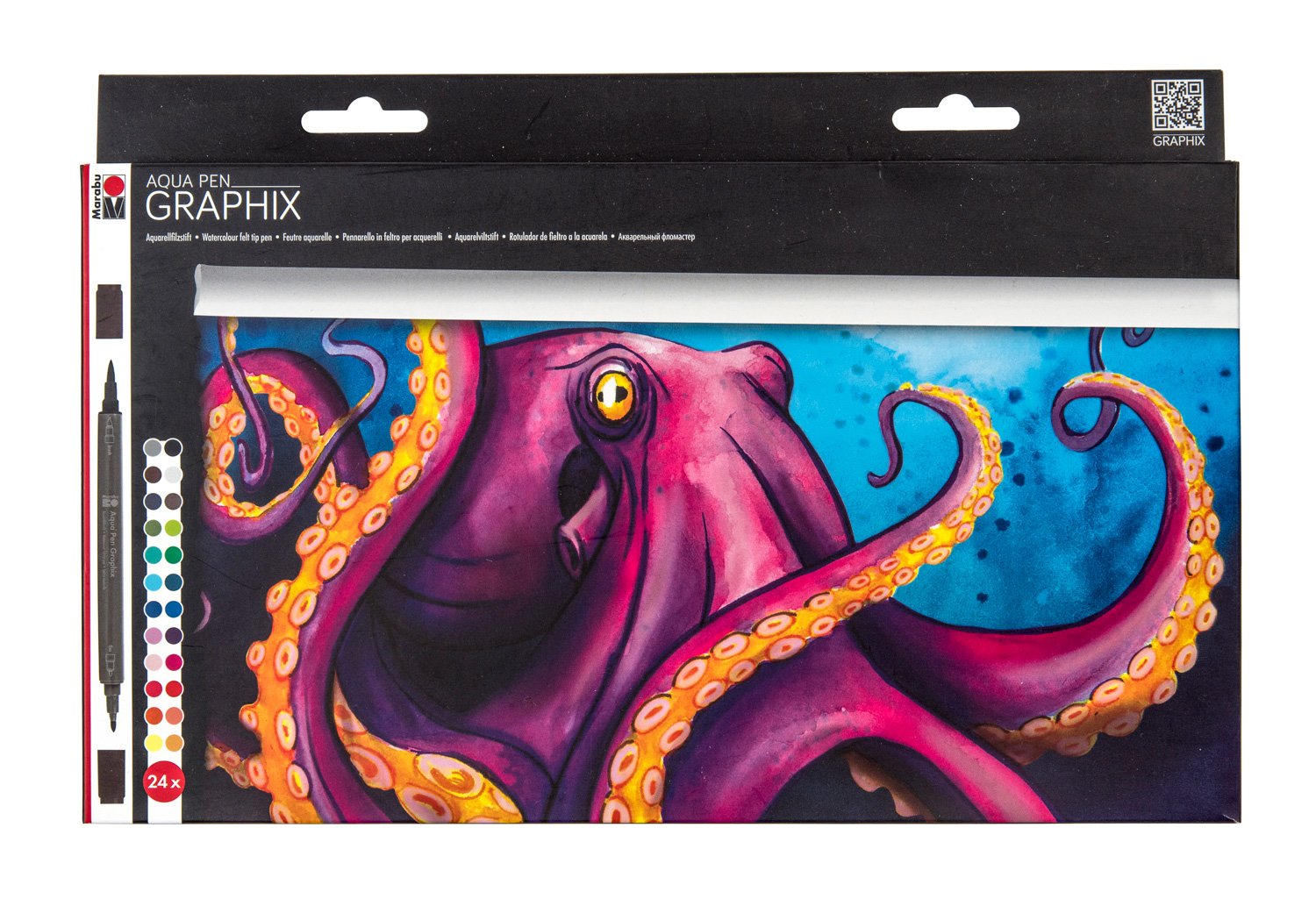 Marabu 014500000104 - Aqua Pen Graphix, Octopy, 24 Watercolour Felt Pens in a Set with Brilliant Colour, Water-based Ink, Double Tip, Watercolour Paper