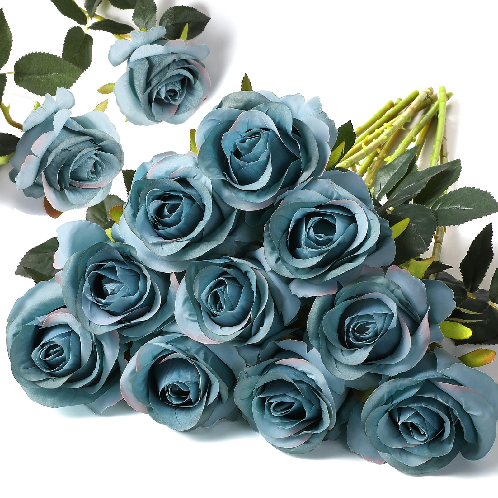 Floralsecret 12 Pcs Artificial Roses Flowers Silk Flower Bouquet Fake Single Stem with Long Stem for Home Wedding Party Garden Decoration (Blue)