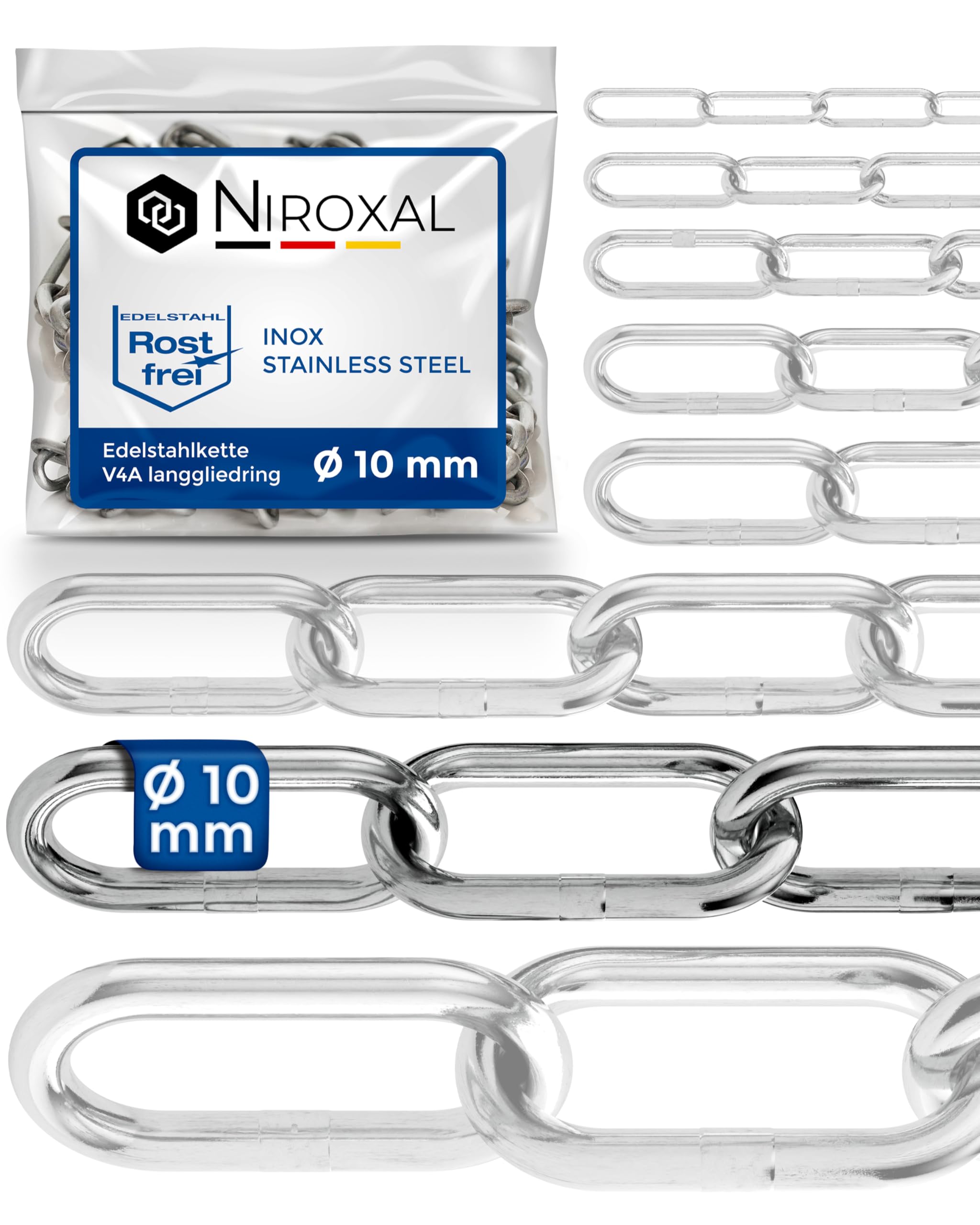 Stainless Steel Chain 316 Marine Grade 10 mm Heavy Duty Long Link DIN 763 DIN 5685 Anchor Chain 1 m Pack of 2 NietFullThings