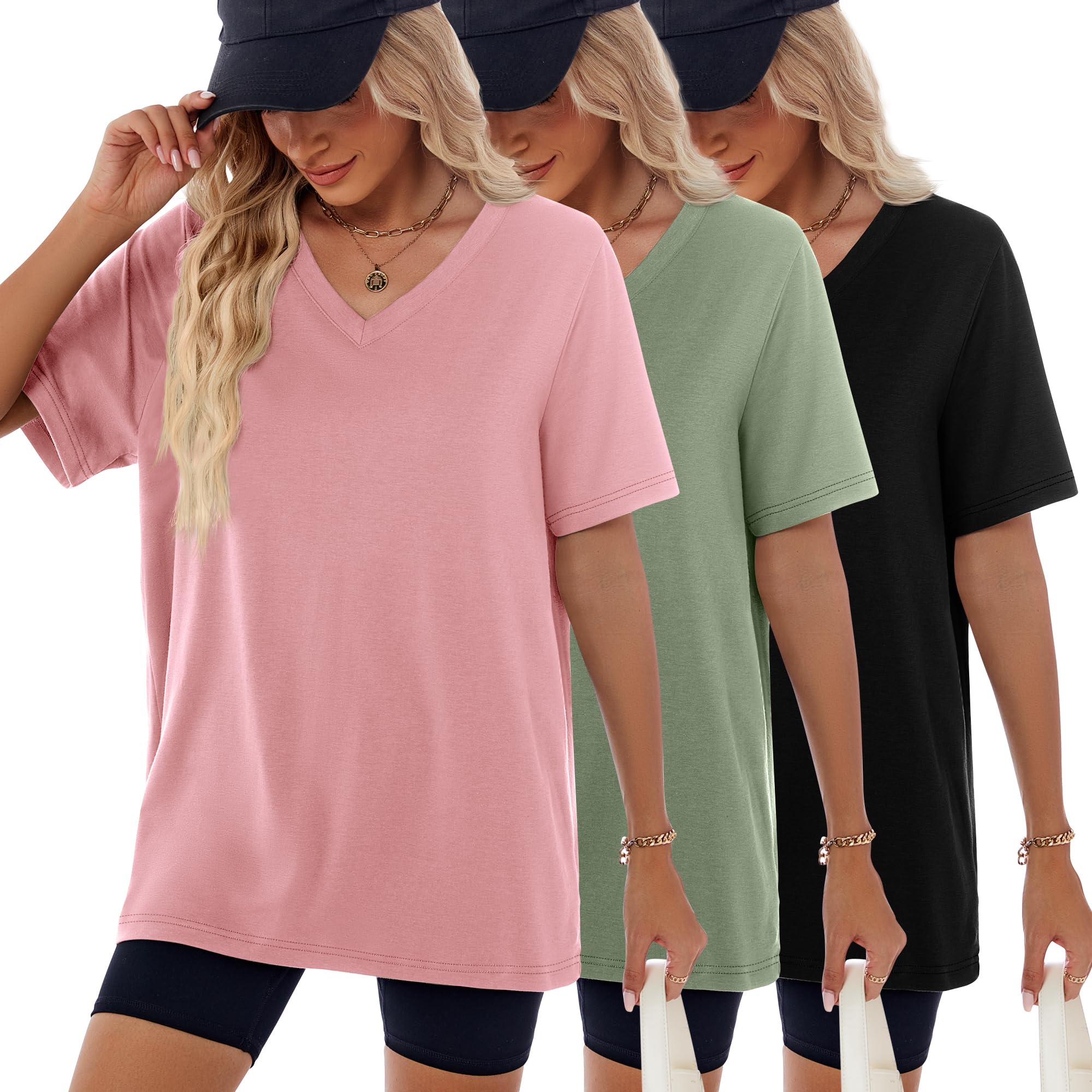 Photo 1 of (xl) (bagged) Huukeay 3 Pack Women's Oversized T Shirts 95% Cotton V Neck Half Sleeve Workout Tops Loose Fit Casual Summer Baggy Basic Tee(Black, Lake Green, Cinnamon Pink,X-Large)