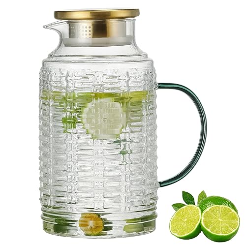 Buaic Glass Pitcher with Lid, 68 oz/2 Liter Vintage Water Pitcher, Clear Borosilicate Glass Water Carafe for Cold Brew, Coffee, Lemonade, Iced Tea,Beverage, Heat Resistant Water Glass Jug