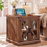 Joaxswe 24" End Table with Charging Station, Farmhouse Night Stand with Glass Barn Door, White Nightstands with Adjustable St