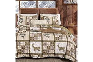 FROZZUR Quilts Queen Size Beige Plaid Patchwork Quilt Christmas Brown Bear Reindeer Rustic Bedspreads Queen Size Lodge Lattice Quilt Soft Coverlet 2 Pillow Case