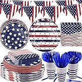 OuMuaMua Patriotic Party Supplies 184 Pcs American Flag Themed Tableware Set 4th of July Disposable Paper Plates Napkins Cups and Banner for Independence Day Memorial Day Party Decorations Serves 25