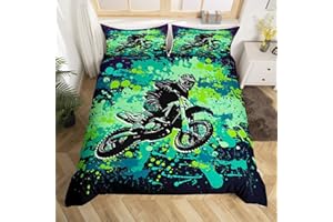 Dirt Bike Rider Duvet Cover Set Twin Size,Motorbike Bedding Set for Kids Boys Teens Men Room Decor,Motorcross Sports Gaming R
