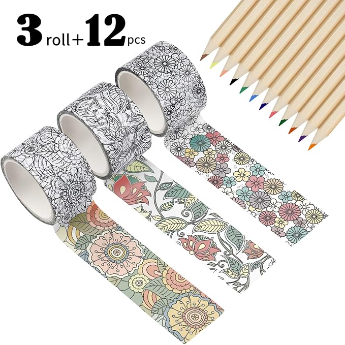 3 Rolls Drawing Washi Masking Tapes Flower Coloring Washi Tape ...
