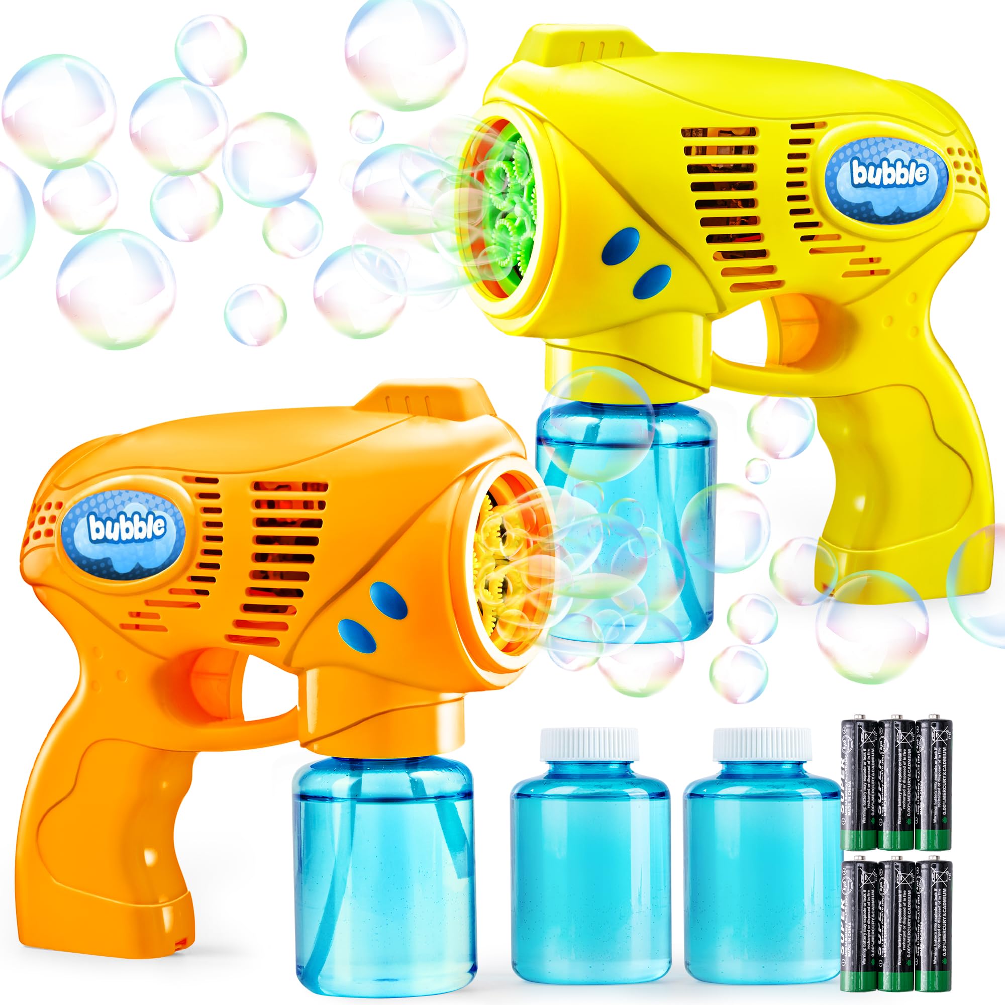 JOYIN 2 Bubble Guns with 2 Bubble Solution (260ml total) for Kids, Bubbles Maker, Blower, Machine Gun Blaster for Kids, Outdoors Activity, Summer Themed Party and Birthday Gift (Yellow+Orange)