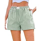 Marvmys Womens Boxer Shorts Cotton Plaid Gingham Shorts Summer Elastic Waist Pajama Buttoms with Pockets