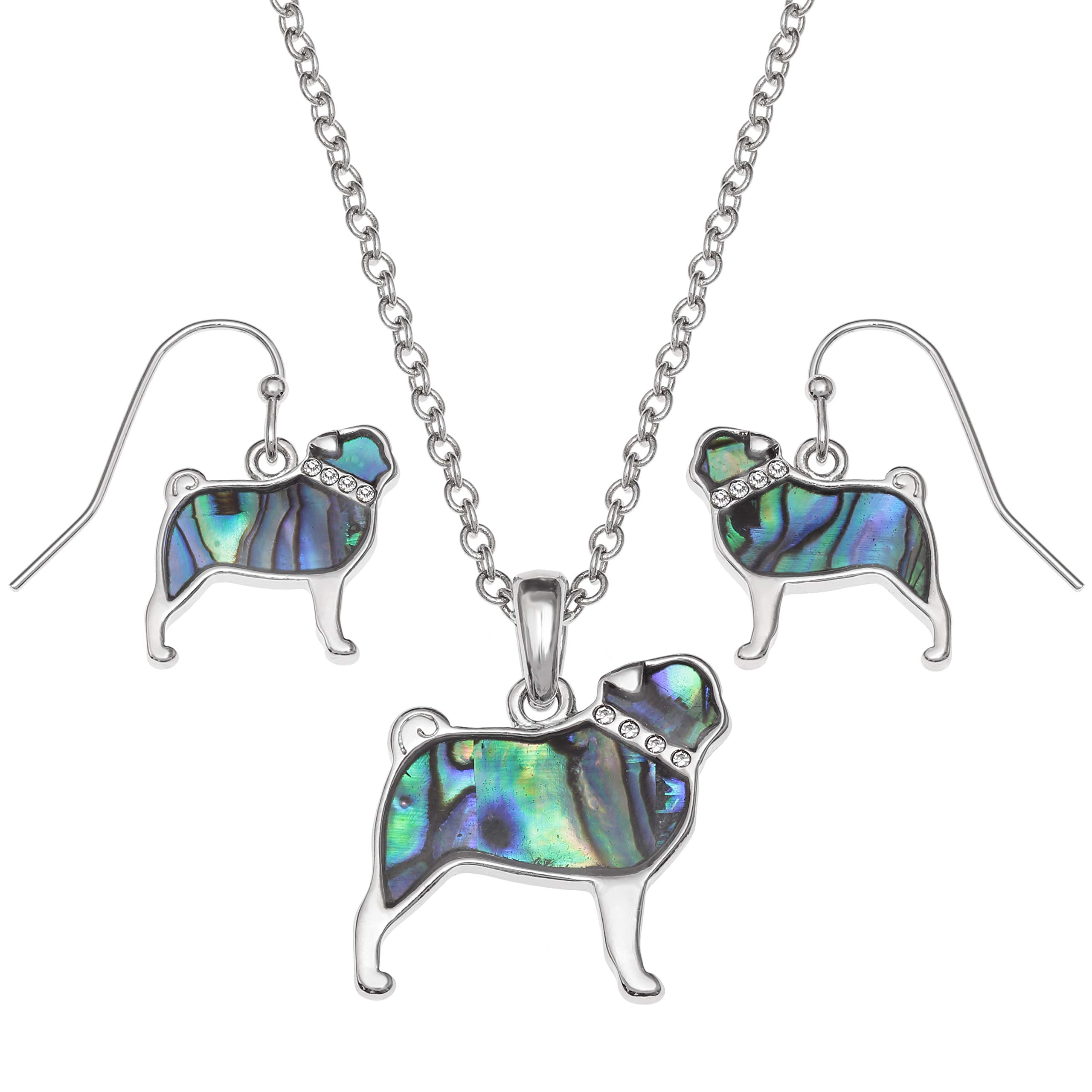 Kiara Jewellery Boxed Set Pug/Dog Pendant Necklace Inlaid With Greenish Paua Abalone Shell And Glass Stone Collar on 18" Trace Chain And Matching Hypoallergenic Fishhook Earrings