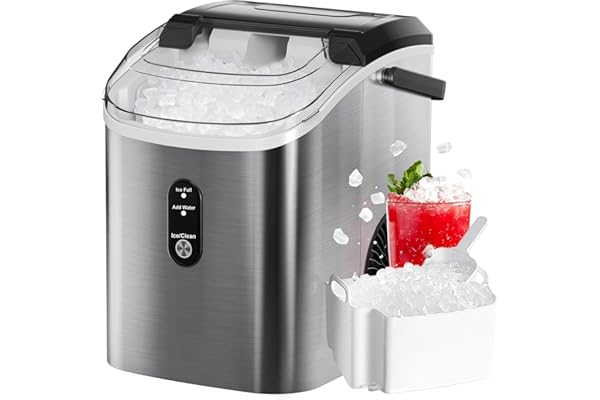FREE VILLAGE Nugget Ice Maker Countertop, Pebble Ice Maker Machine with Soft Chewable Ice, 34lbs/24H, Self-Cleaning, One-Click Operation, Stainless Steel, Crushed Ice Maker for Home Kitchen Office
