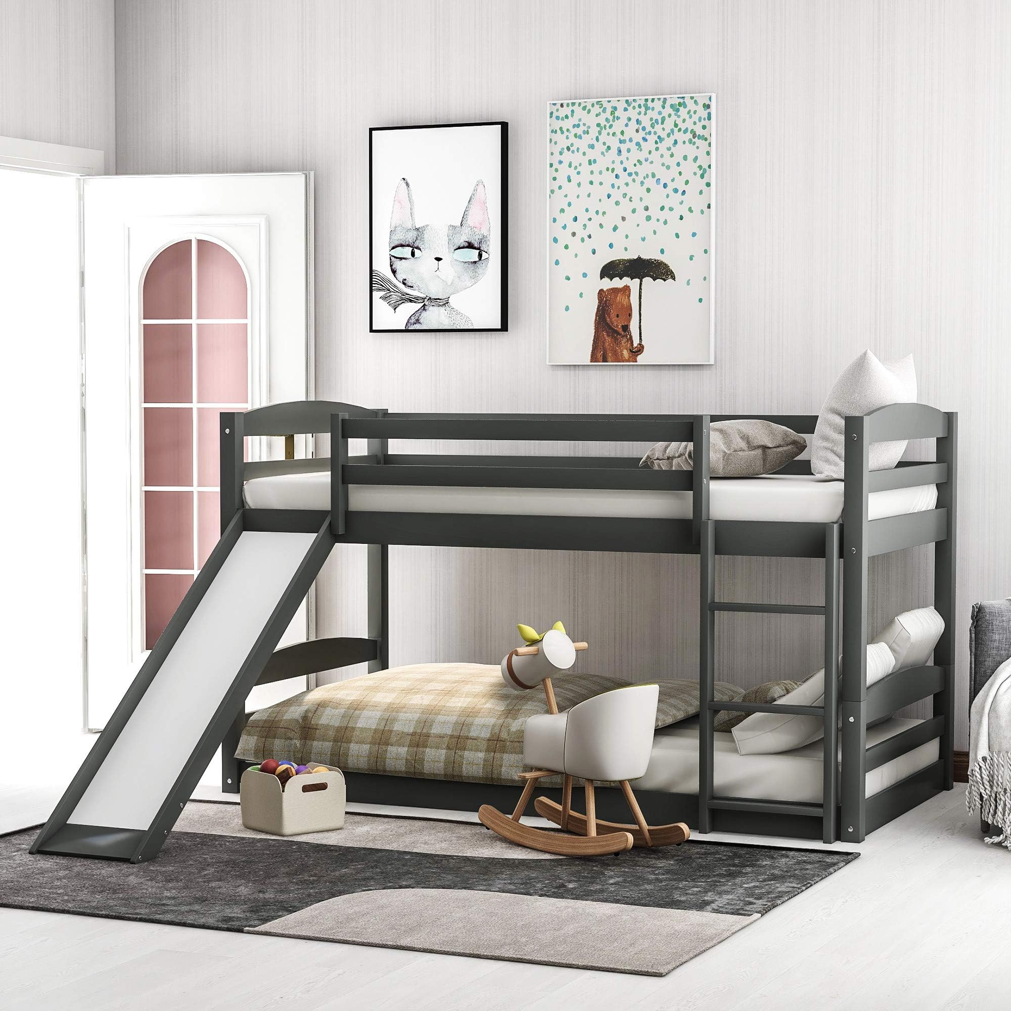 Detachable Twin Over Twin Space-Saving Low Bunk Bed with Slide,Ladder & Guardrail (Grey)