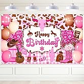 Avezano Western Cowgirl Birthday Banner Wild West Western Theme Happy Birthday Party Decorations Cow Print Pink Cowgirl Birthday Photography Background Party Supplies Banner 70.8 x 43.3 Inch