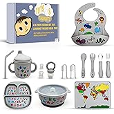 Tots and Thoughts – Educational 16-Piece Silicone Baby Feeding Set – BPA-Free – Baby Led Weaning Supplies – Placemat, Suction Plate, Bowl, Bib, Sippy Cup, Spoons, Forks – Microwave/Dishwasher Safe
