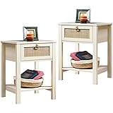 SICOTAS White Nightstand Set of 2,Rattan Decor