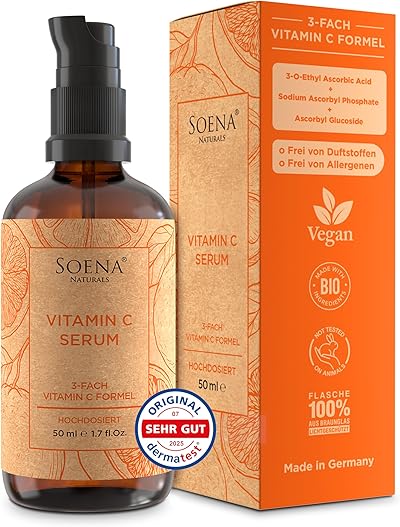 Bio-Vitamin C Serum Hochdosiert • Die 3 besten Vitamin-C-Formen + 4 Power Wirkstoffe: Hyaluronsäure, Betaine, Allantoin Panthenol • Serum Gesicht 100% natürlich, Vegan