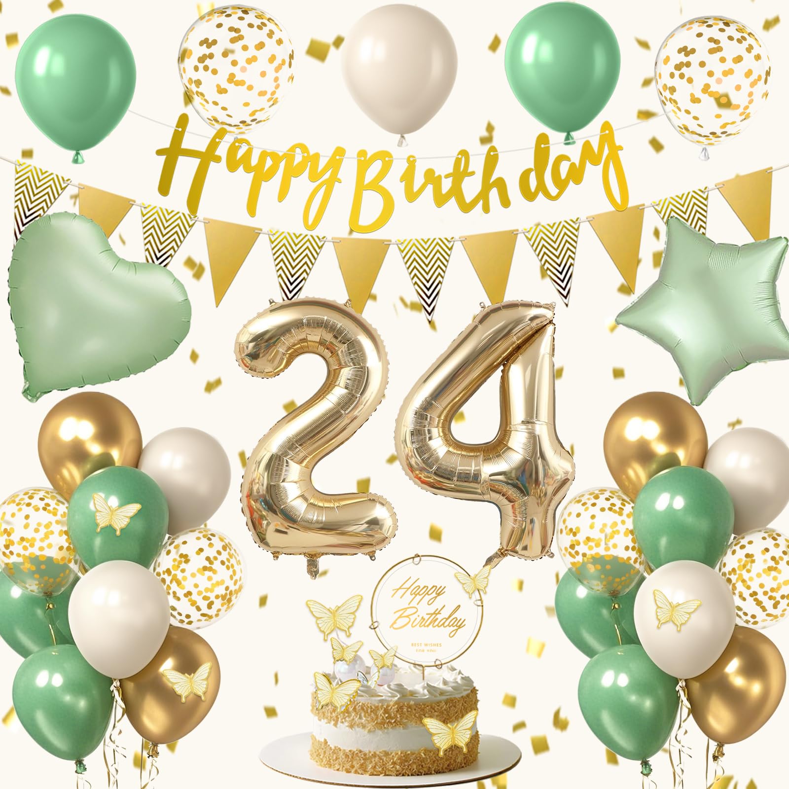 Photo 1 of 24th Sage Green Birthday Decorations, Boho Green White Gold Balloons Decorations for Girls, Happy 24 Birthday Party Supplies with Happy Birthday banner, Number Foil Balloon, Butterfly Cake Topper