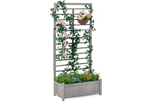 MEDERLA 31.5x16x67 Raised Garden Bed with 3-Layers Trellis, Outdoor Wooden Planter Box for Climbing Plants, Vegetables