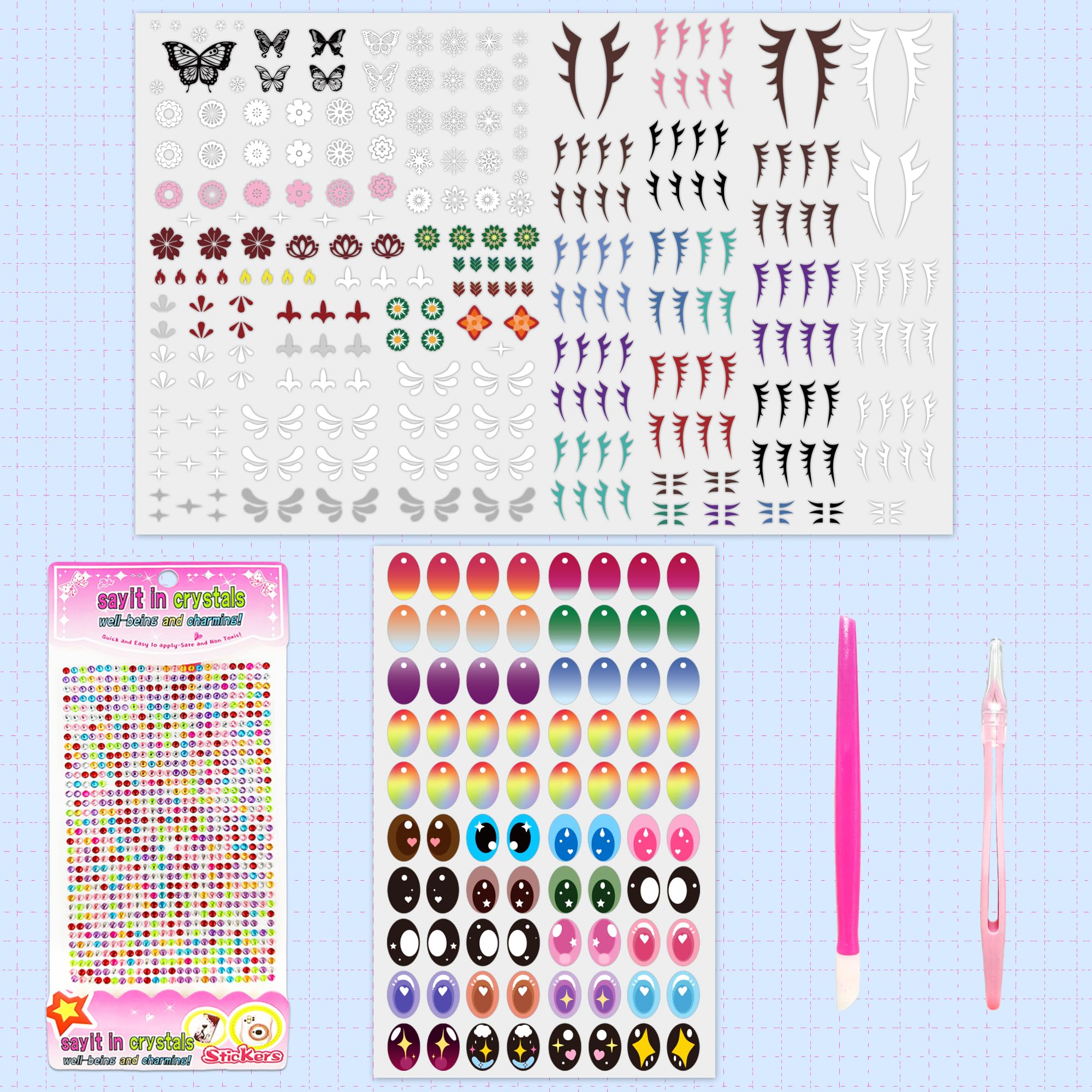 40 Pairs Decorative Eye and Eye Lashes & Gems Stickers for 17cm Doll, DIY 2 Sheets with Doll Makeup Face and Eyelash Stickers with Makeup Tool Accessories Set