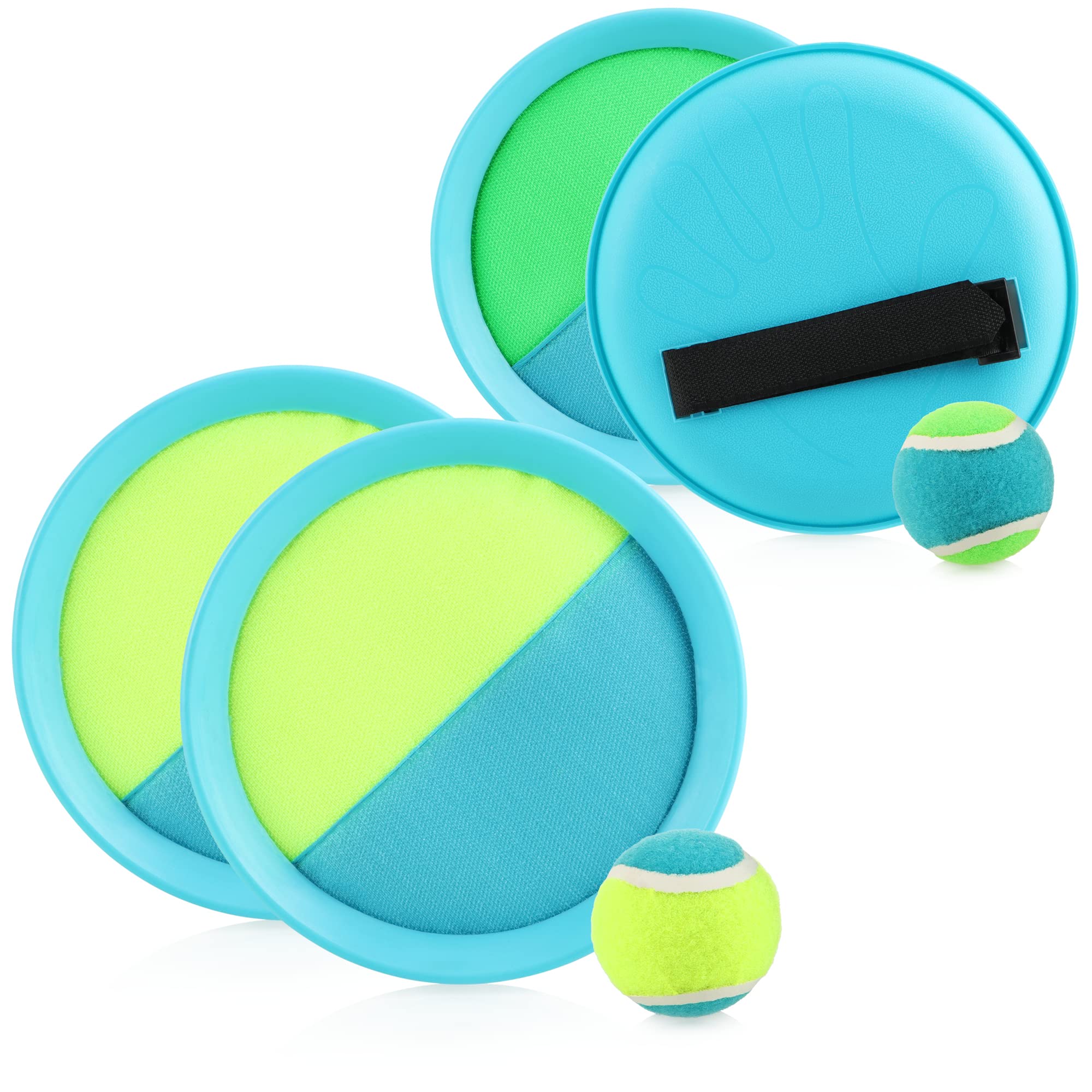 com-four® 6-piece catching game set - beach toys with catching discs and throwing balls - sticky ball game - throwing game [selection varies] (6-piece - blue/green/yellow)