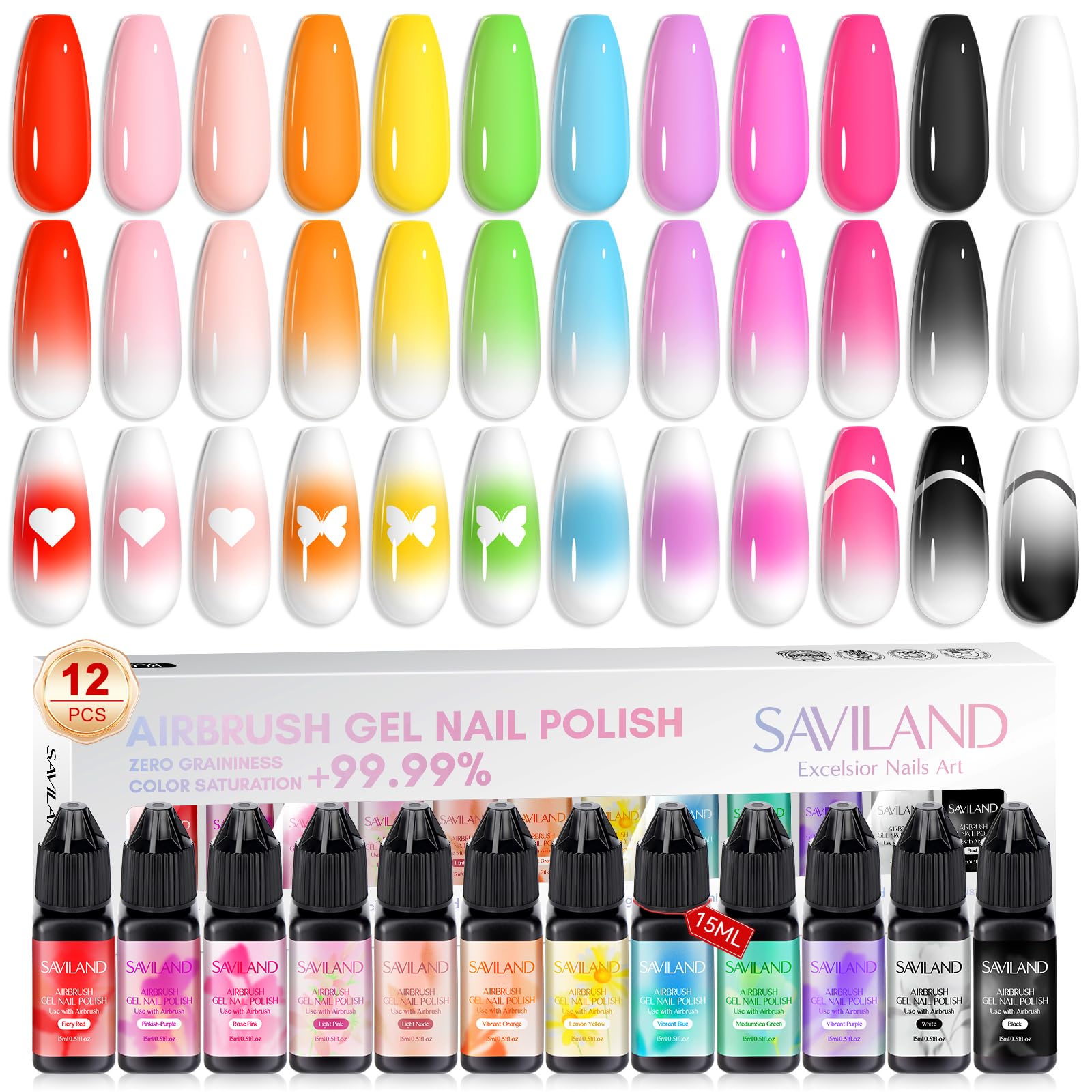 SAVILAND Airbrush Gel Nail Polish Hema-Free: Dilution-Free 12 Vitality Colors Airbrush for Nails Set Non-Acetone with Fine Mist Nail for Spray French & Ombre Nail Polish Nail Art Design Salon Kit Image