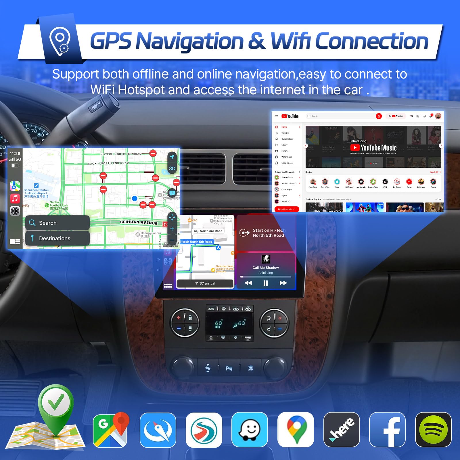 Car Radio for Chevrolet Chevy Silverado Tahoe Suburban GMC Yukon 2007 2008 2009 2010 2011 2012 Stereo with Wireless Carplay Android Auto - 9