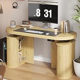 Electric Standing Desk with Storage, 55" Mid Century Modern Sit Stand Desk | Height Adjustable Computer Stand Up Desk with Storage Shelf, Fluted Home Office Desk for Work, Study, Wood