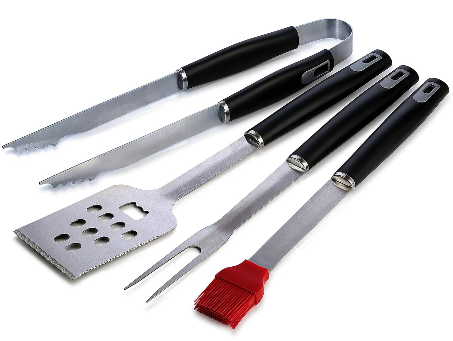 Grill Tool Set - Includes a Pair of Tongs, Barbecue Meat Fork, Silicone Basting Brush and a BBQ Grilling Spatula that can also be Used as a Bottle Opener and Meat Tenderizer. (4-Piece Set)
