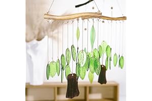 YU FENG Natural Green Leaf Glass Wind Chime, Handcrafted with Wooden Branch, Weather Resistant, Hanging Decor for Patio, Wind