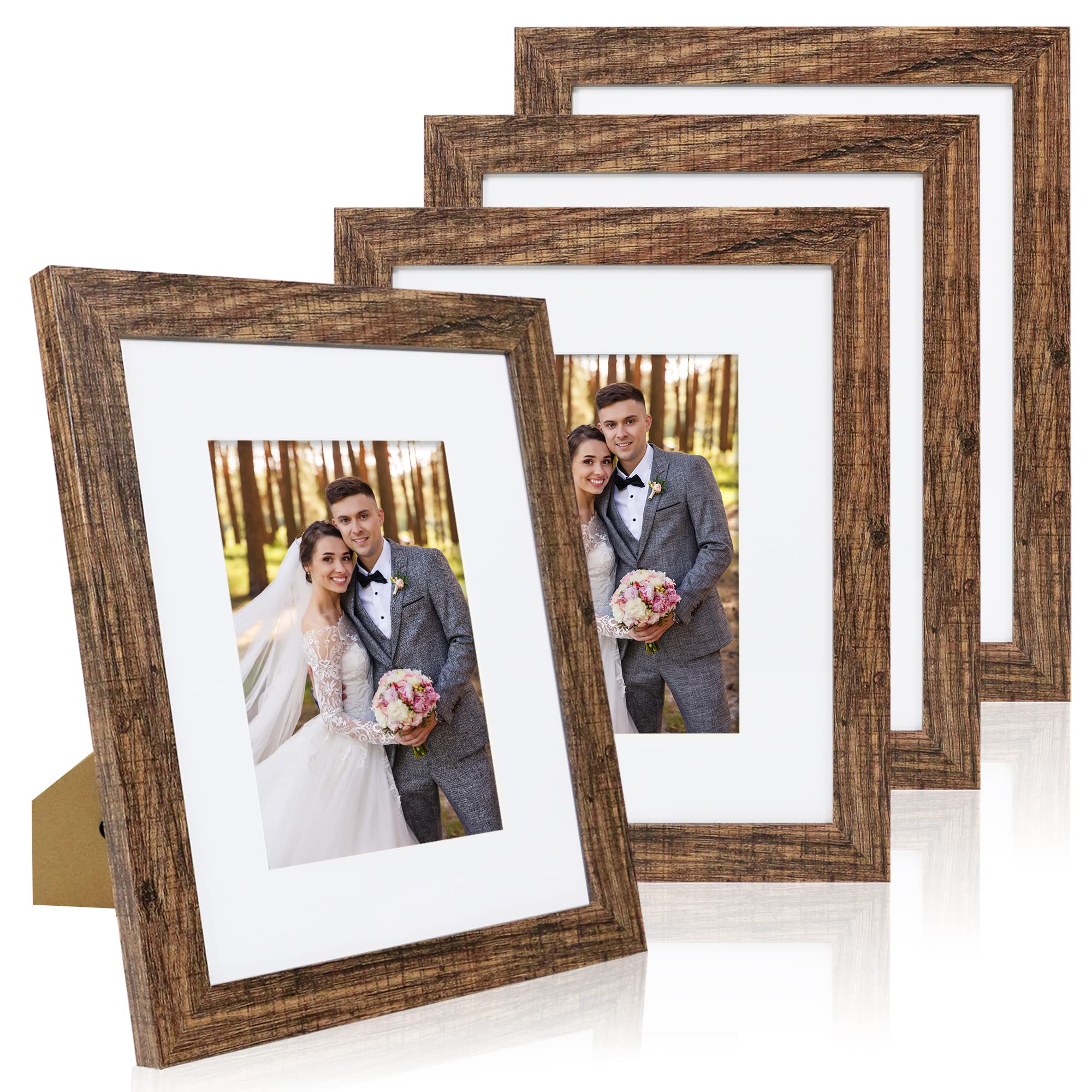 Photo 1 of Hongkee 8x10 Picture Frame Set of 4, Made of Real Glass and Rustic Brown Wooden Frame, 8 by 10 Photo for Wall or Tabletop - Display Picture 5x7 with Mat or 8x10 Without Mat