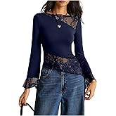 Floerns Women's Elegant Contrast Mesh Flare Sleeve T Shirts Boat Neck Dressy Casual Tee Tops