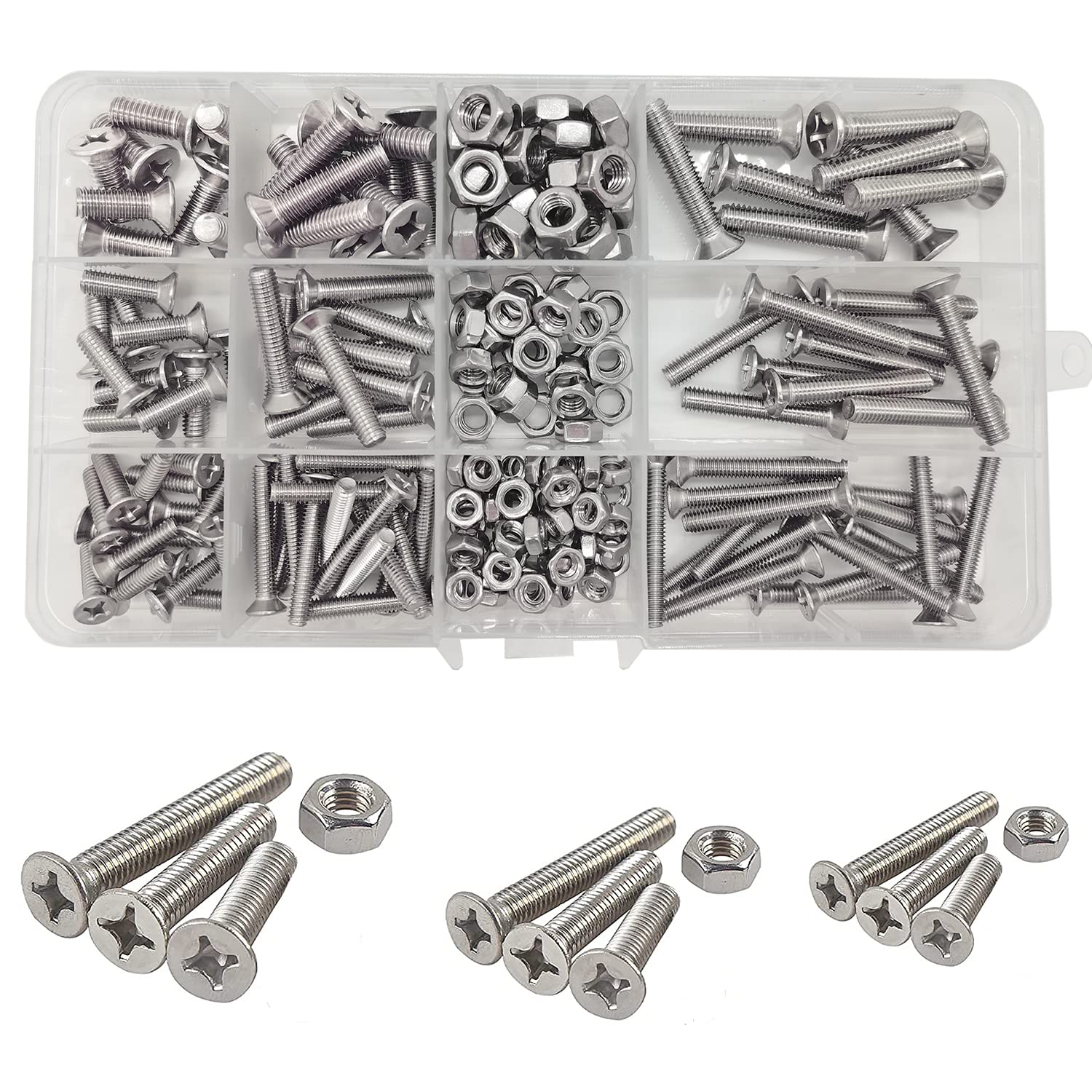 WeqeYent M4/M5/M6 Cross Countersunk 304 Stainless Steel Machine Screws Bolts and Nuts, 204 Pcs 16/25/30mm Flat Head Screws Nuts Bolts Assortment Set and Kit
