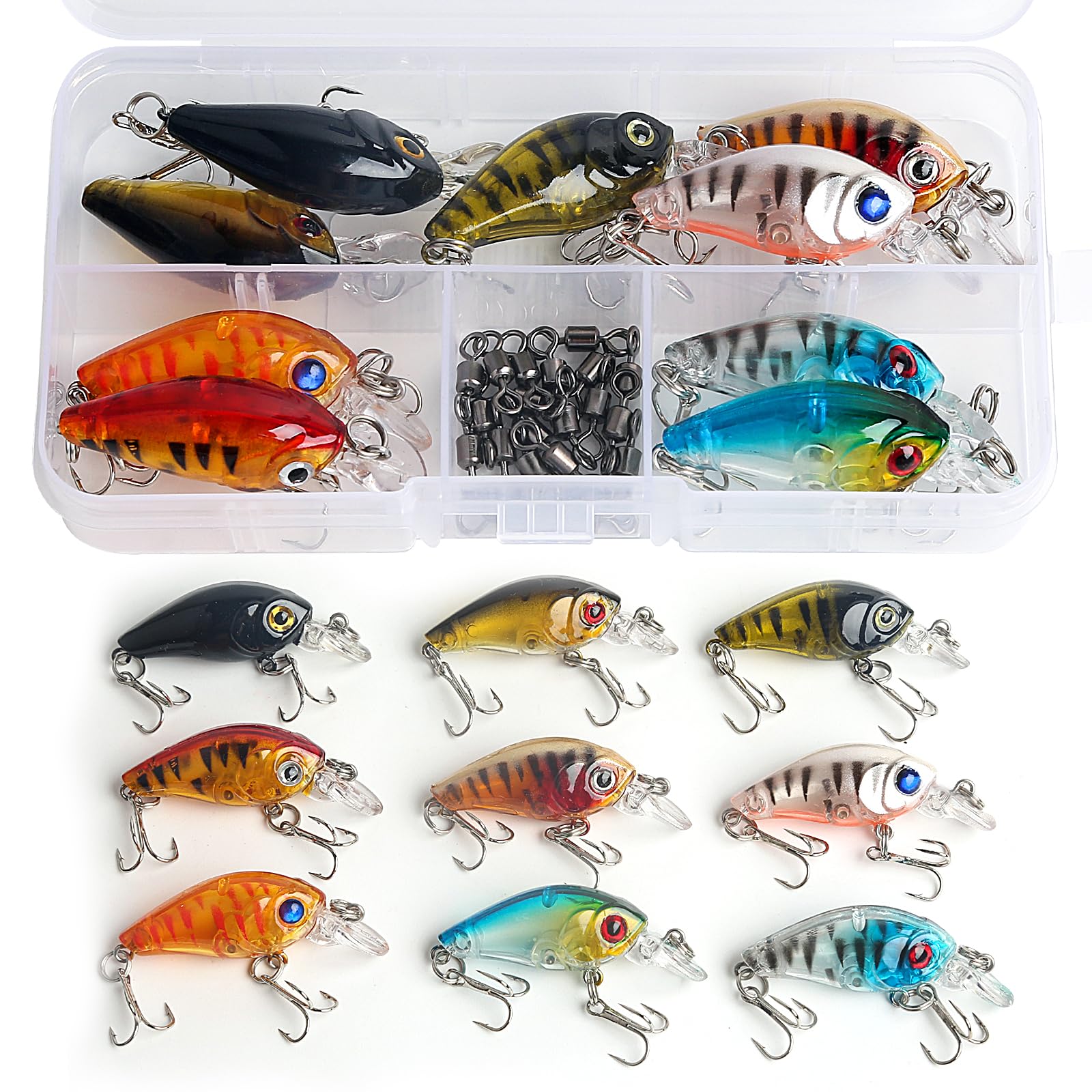 Realure 9 Pcs Minnow Bass Fishing Lures Set with Swivels, Wobbler Crankbaits with Treble Hooks, Sea Fishing Lures for Bass, Pike, Trout, Perch Lures, Hard (Mixed Colors)