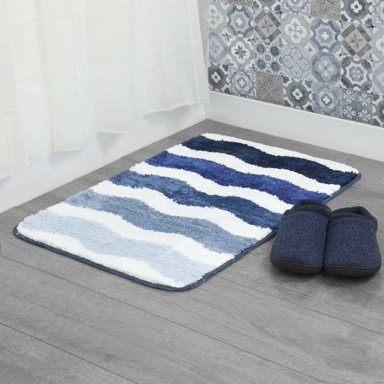 Blue Microfibre Soft Tufted Waves Design Bath Mat Rug Non-Slip Back 50x80cm
