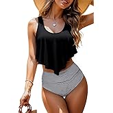 Women High Waisted Bikini Swimsuit Plus Size Flounce Top Vintage Tummy Control Bottom Two Piece Tankini Bathing Suits
