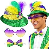 Hikkcos 3 Pcs Mardi Gras Sequin Hat Sequin Bow Tie Sunglasses Set for Adults Carnival Halloween Party Costumes Cosplay Accessories Favors