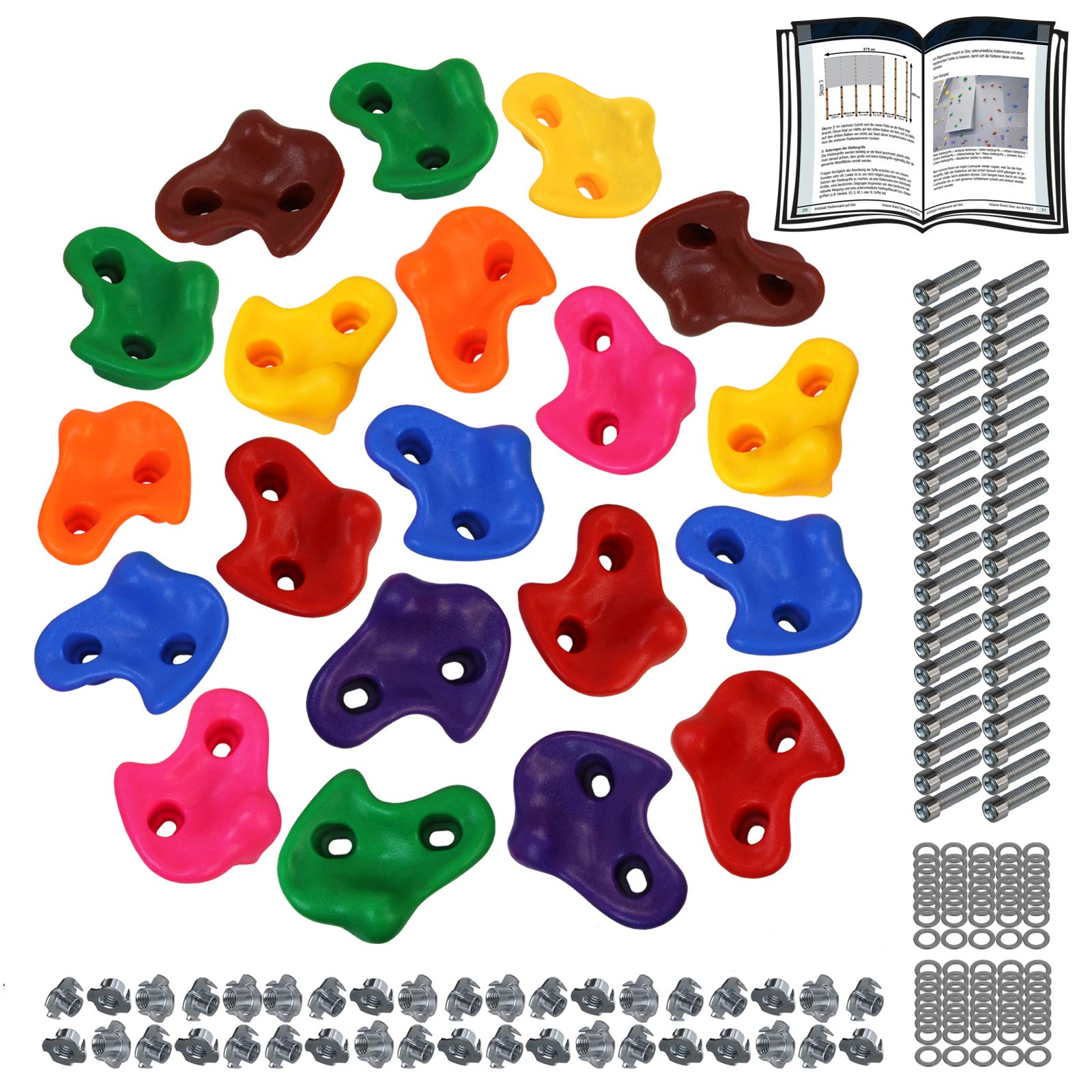 ALPIDEX Children's climbing holds, load capacity up to 200 kg, Mounting material included, different quantities multicolored - 20 pieces