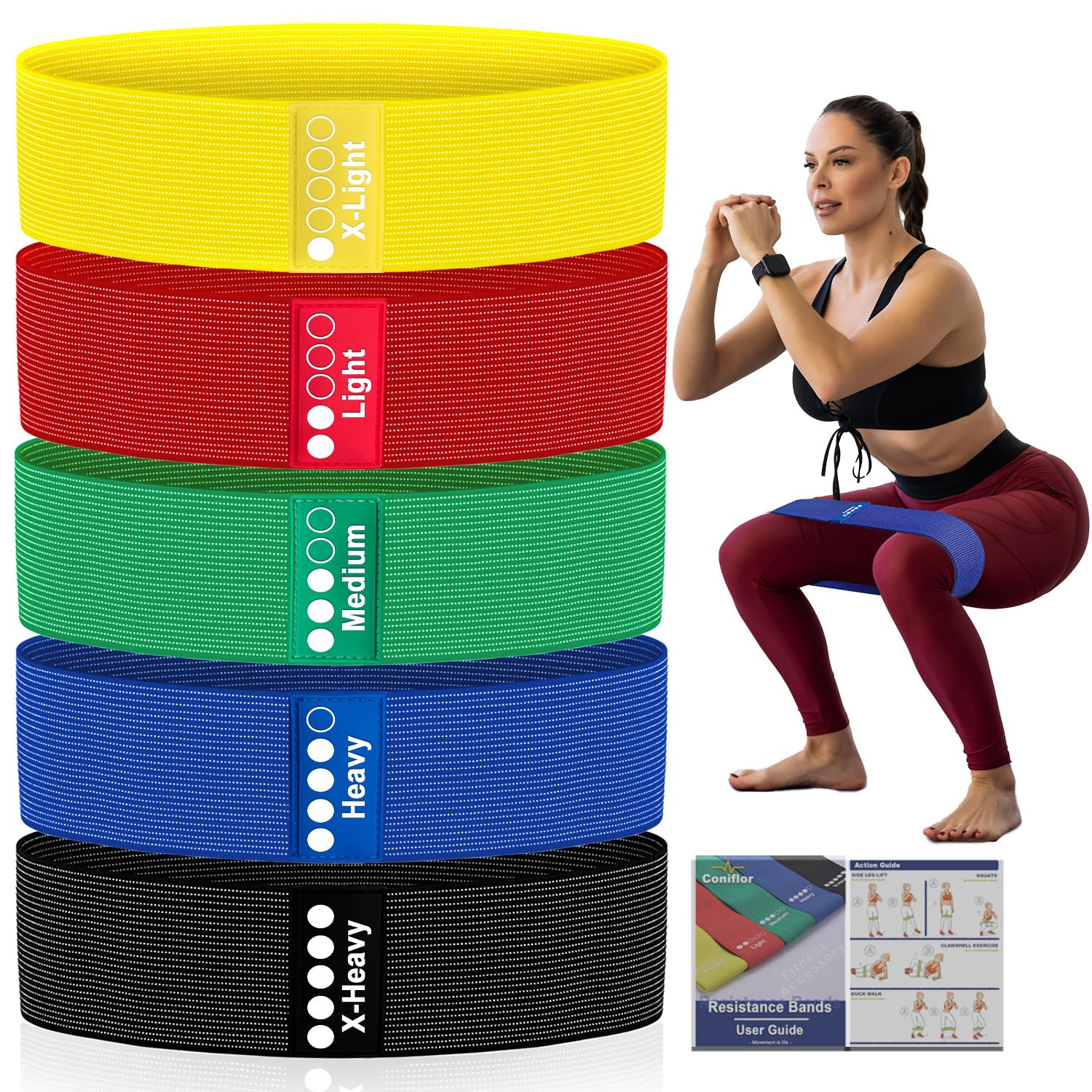 Photo 1 of Resistance Bands for Working Out - 5 Exercise Bands Set with Workout Guide - Fabric Elastic Bands for Physical Therapy - Fitness Bands Ideal for Legs Hip Glute