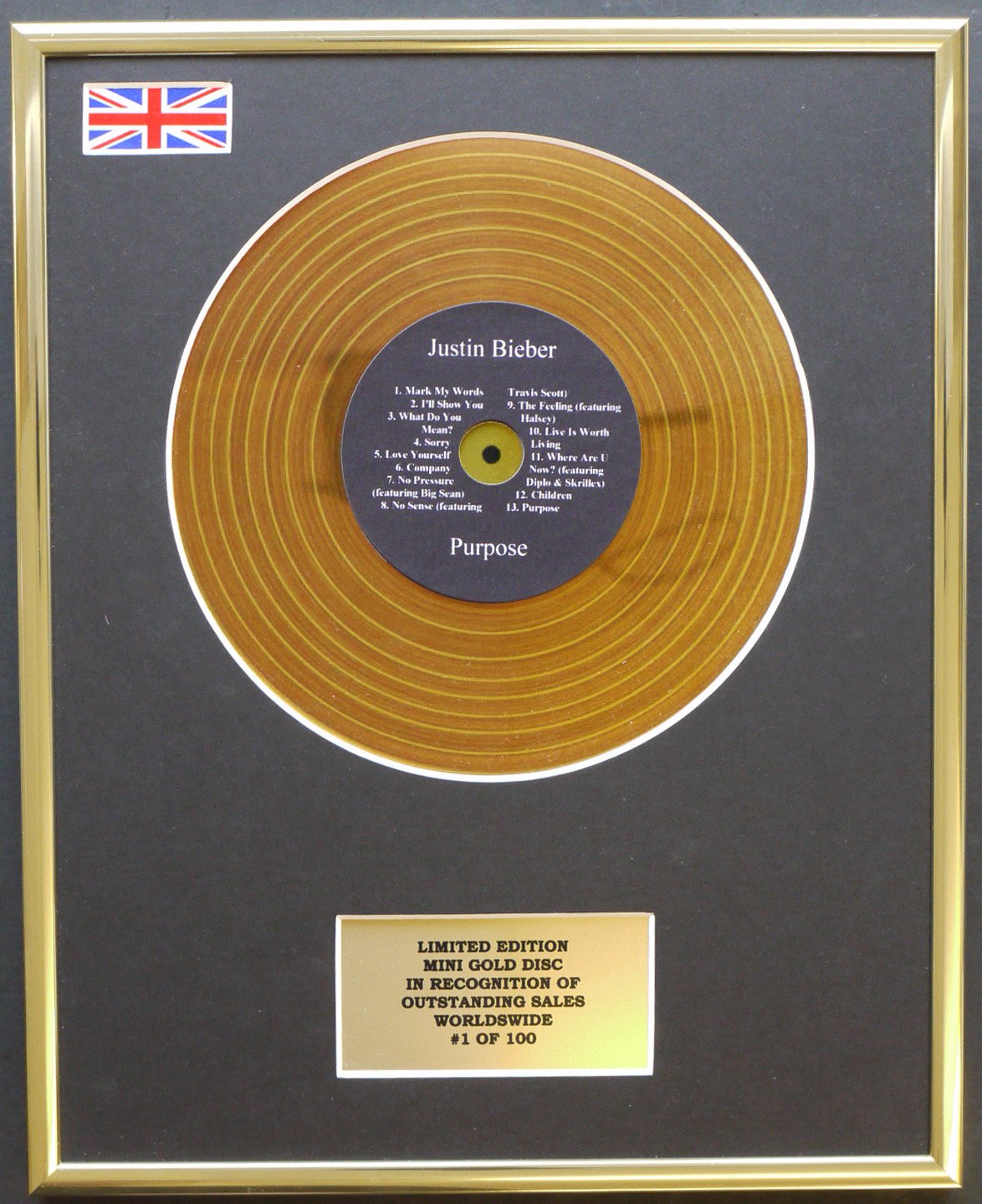 Limited Edition mini gold disc Display JUSTIN BIEBER/MINI GOLD DISC DISPLAY/LIMITED EDITION/COA/PURPOSE