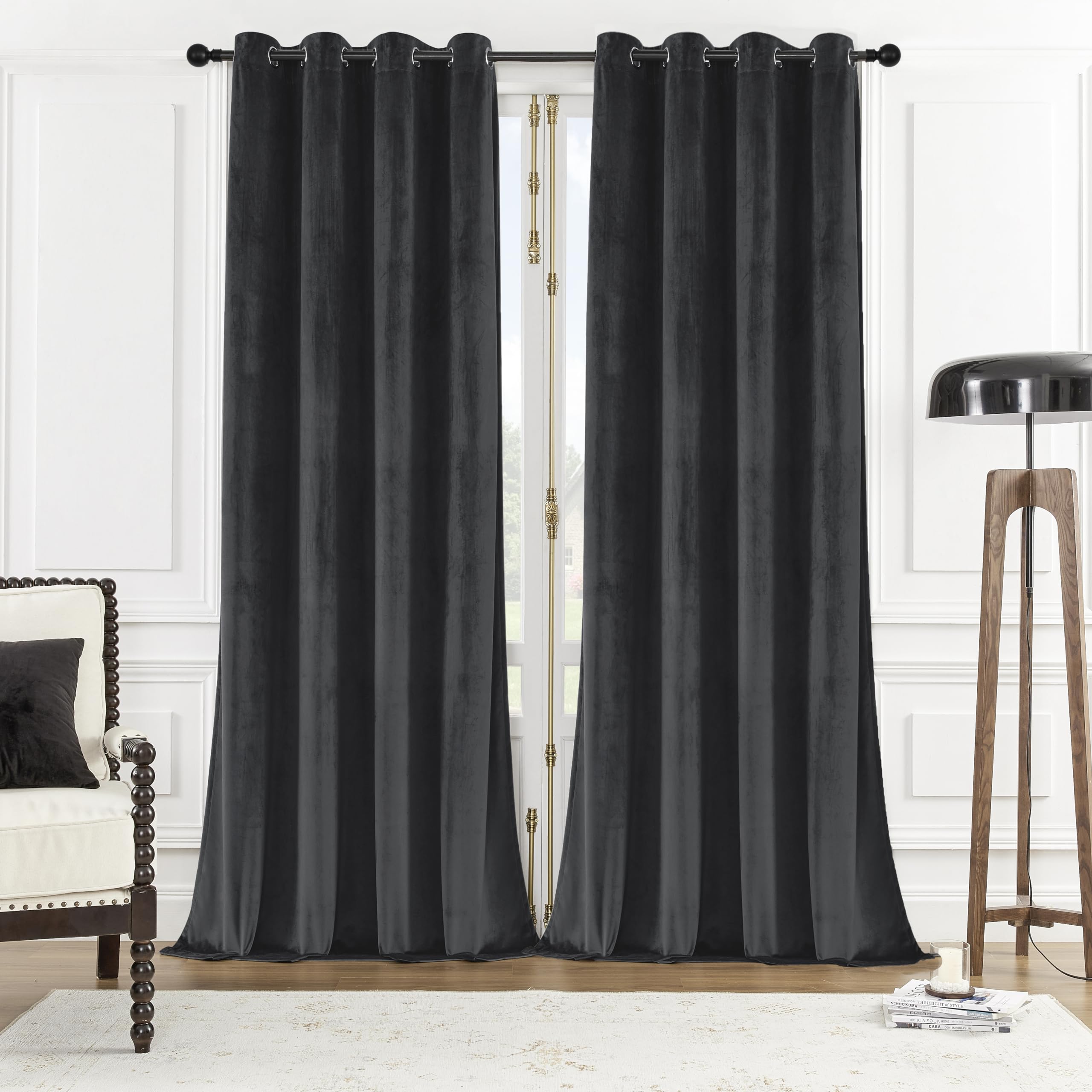 Photo 1 of SNITIE Black 84in Long Velvet Curtains with Grommet, Super Soft Thermal Insulated Noise Reducing Thick Light Filtering Velvet Drapes for Living Room and Bedroom, Set of 2 Panels, 52 x 84 Inch Long