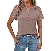 ANRABESS Womens Short Sleeve Lace Shirts 2026 Summer Henley V Neck Blouse Business Casual Top Spring Cute Work Trendy Clothes