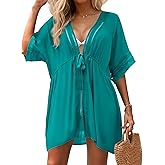 Zeregos Women Swimsuit Cover Up 3/4 Bell Sleeve Boho Bathing Suit Coverups Hollow Out Kimonos Cardigans for Swimwear