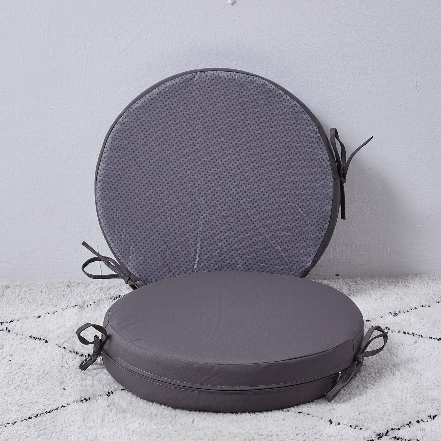 Photo 1 of 15 x 15 Inch Round Cushions for Outdoor Furniture Non-Slip Waterproof Patio Bistro Chair Cushion with Ties Bar Stool Seat Cushion for Kitchen Chairs 1 pc , Dark Gray
