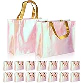 GouZaak 20 Pack Iridescent Gift Bags, Holographic Reusable Party Favor Gift Bags With Handles, 13 x 5 x 11 Inch Large Size Pink Bridesmaid Tote Bags, For Wedding Birthday Holiday